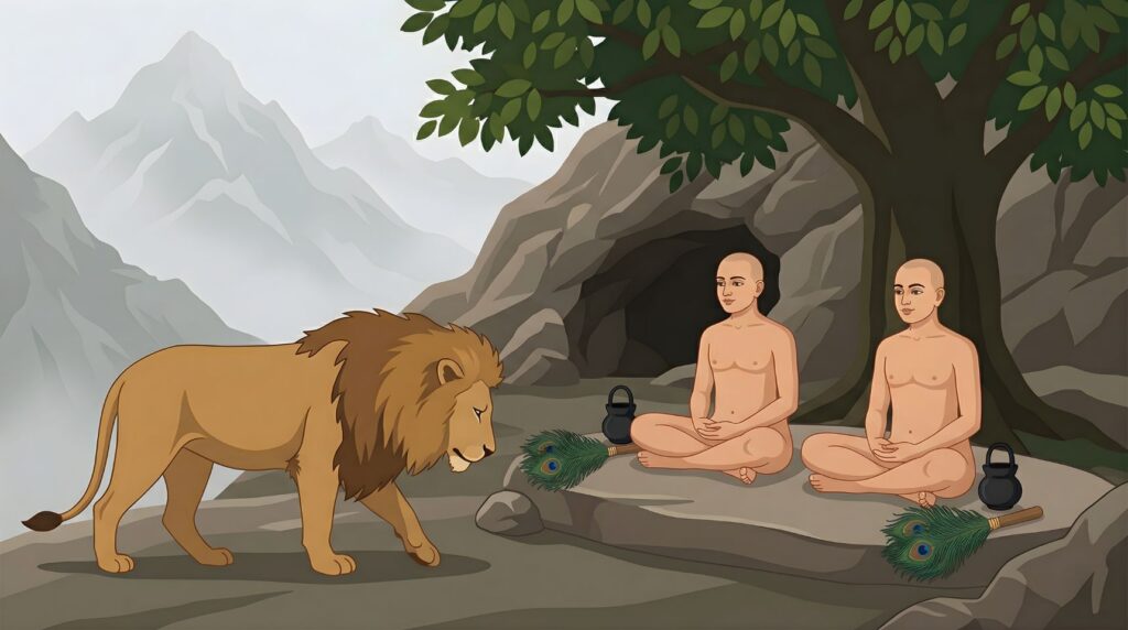 lion walks towards the two monks